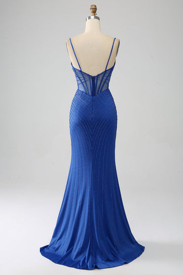 Royal Blue Mermaid Corsetto Prom Dress con perline